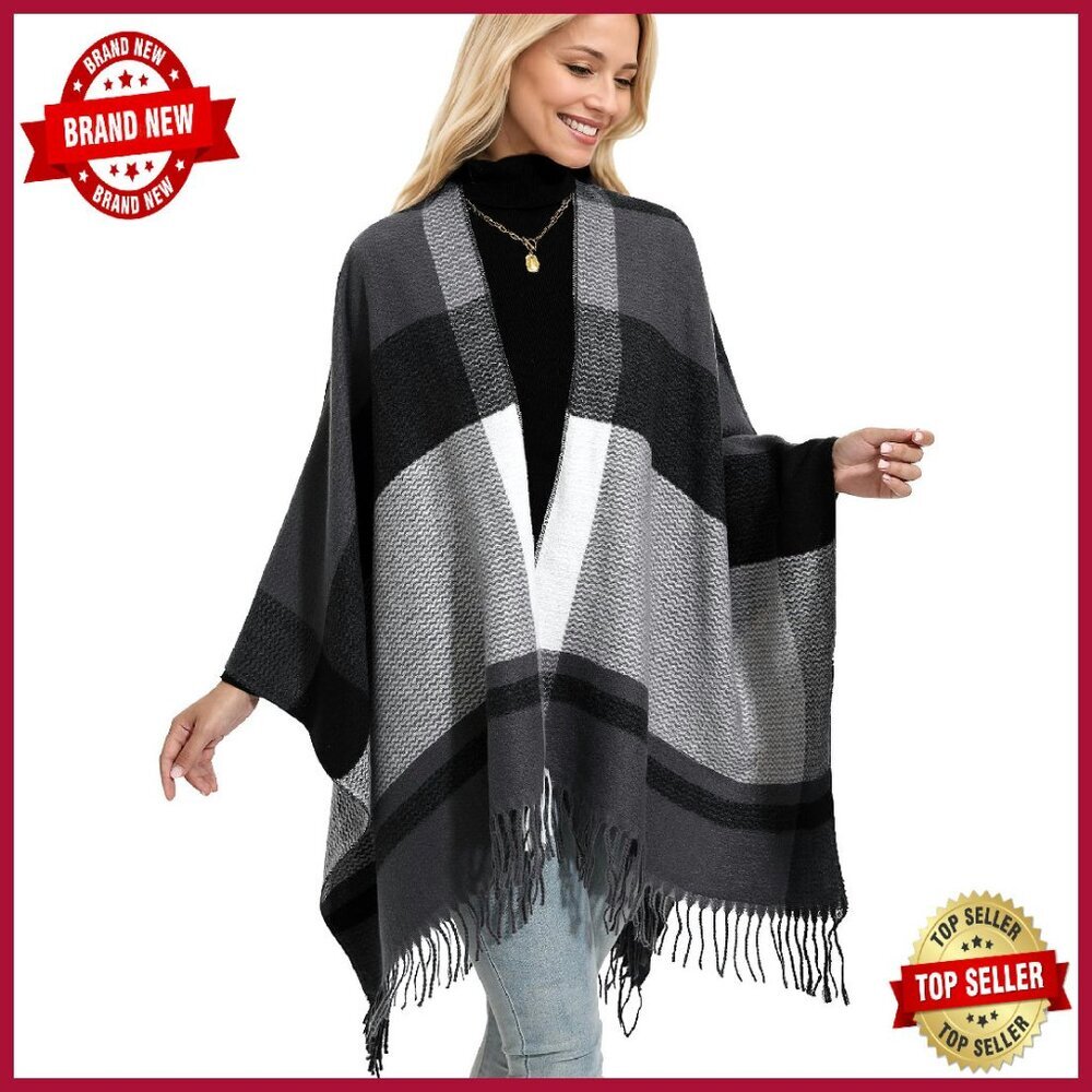 Winter Shawl Wrap Poncho With Tassels, Acrylic, 59 Inches, Gift